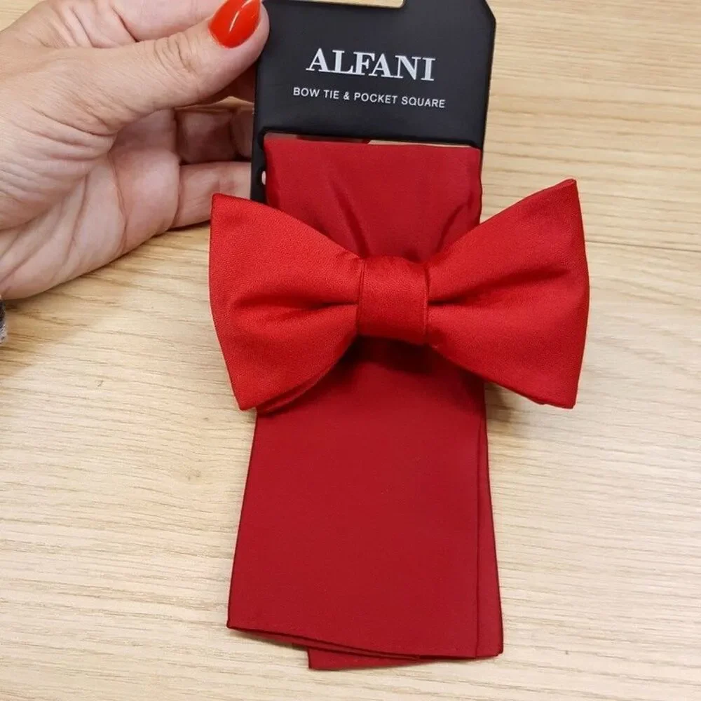 ALFANI Mens Bow Tie & Pocket Square Solid Red Satin Pre-Tied Set